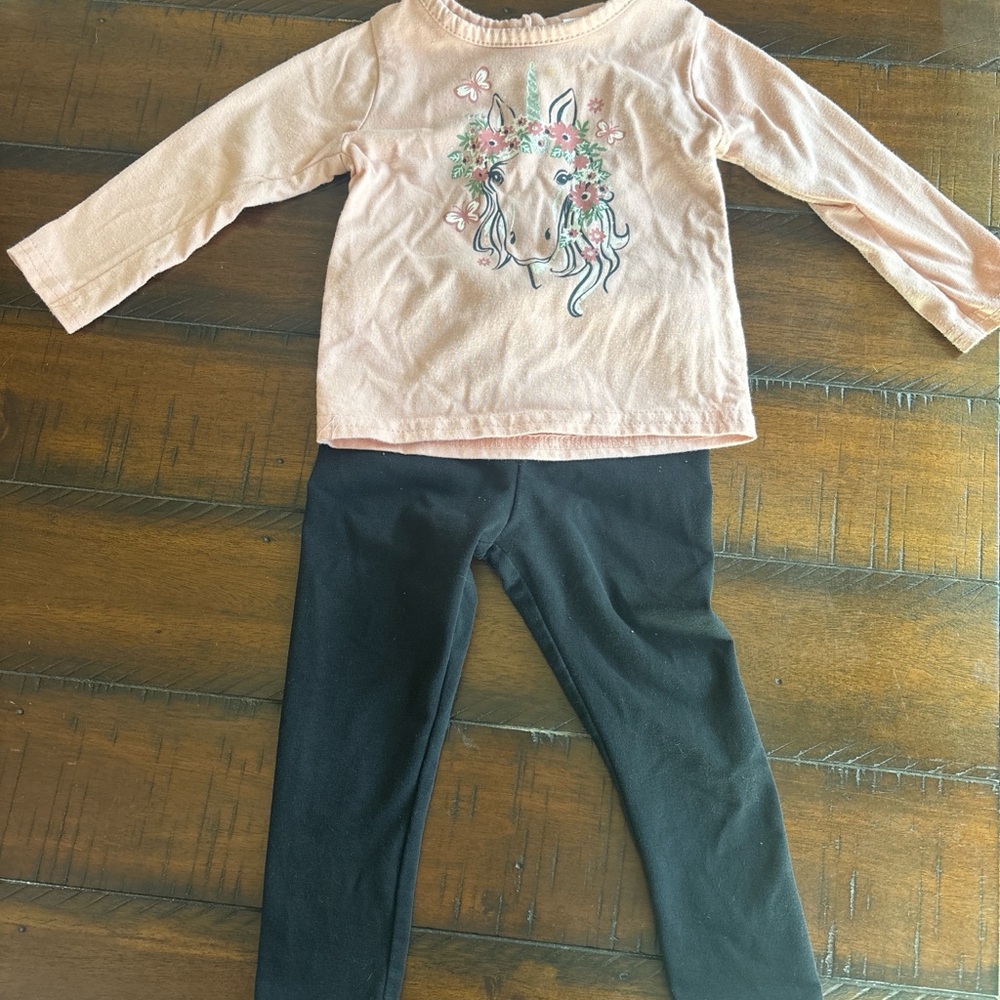 Little Lass Pink Unicorn Top and Black Leggings Set